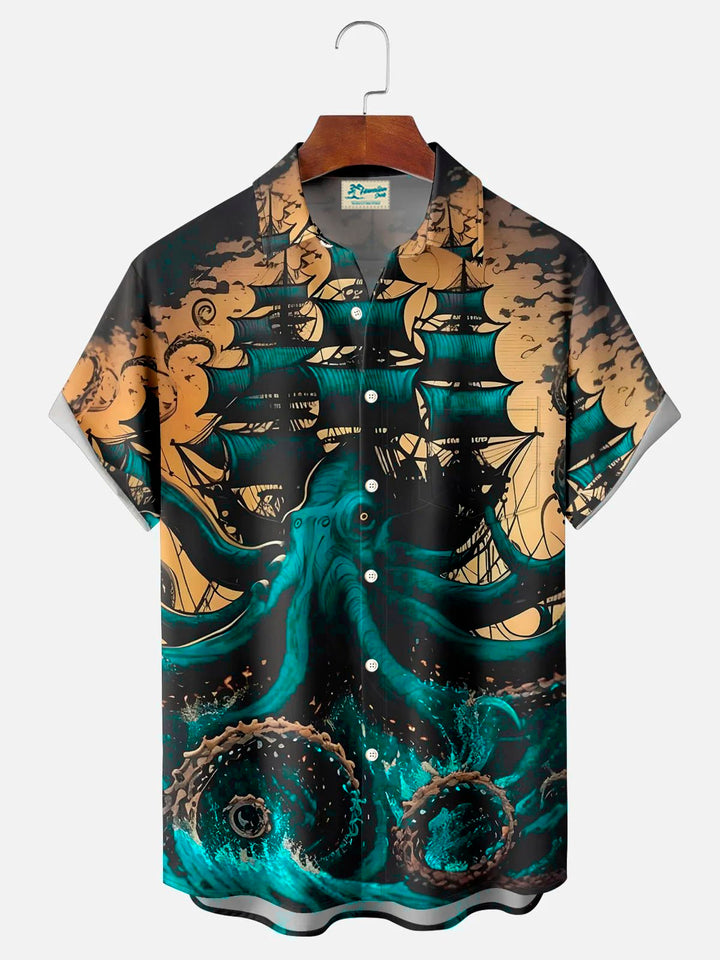 Camisa de manga corta con bolsillo abotonado para hombre, con estampado digital 3D de pulpo náutico y vida marina, estilo vintage de Alohadaddy, talla grande y alta