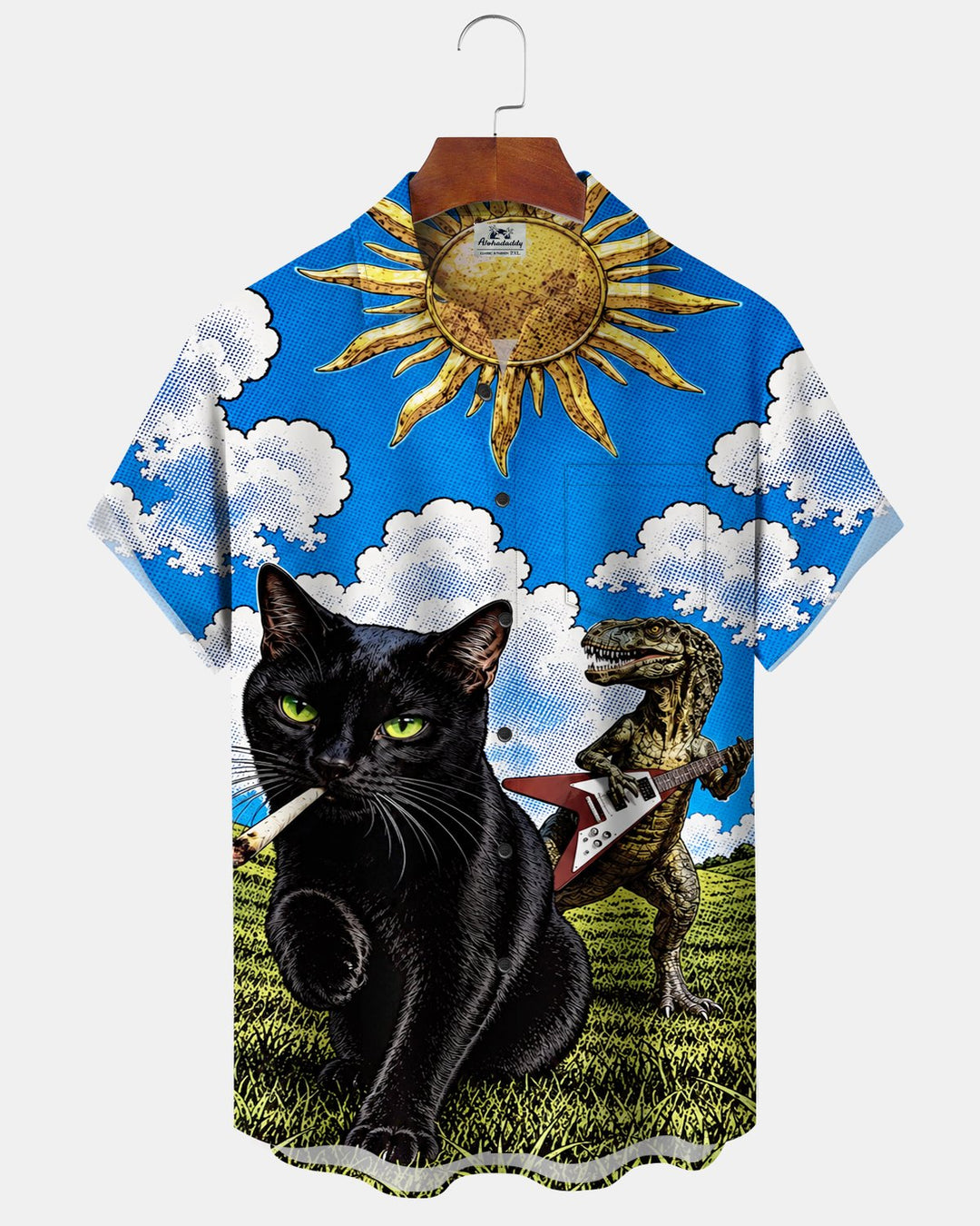 Alohadaddy® Retro Fun Dinosaur Cat Guitar Print Men&