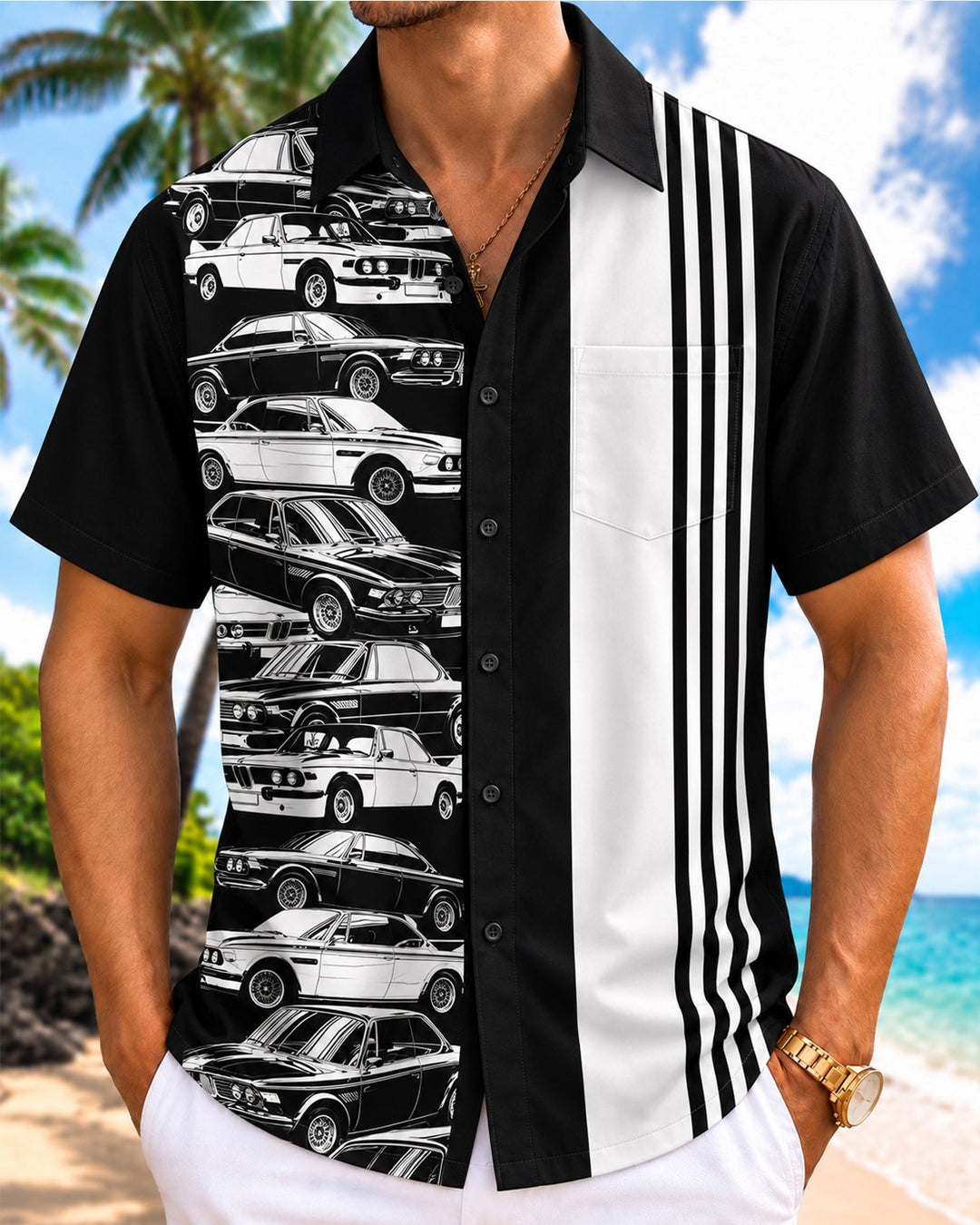 Alohadaddy® Retro Car Stripe Black and White Bowling Print Men&