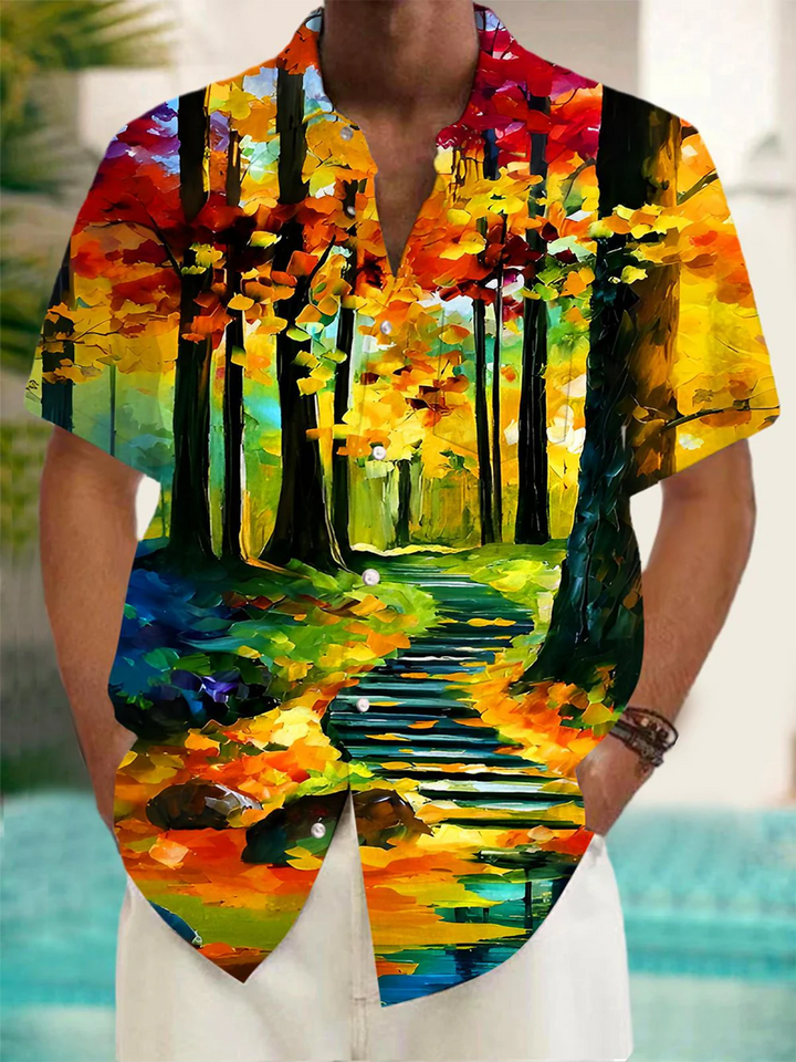 Alohadaddy® Casual Vintage Oil Painting Print Art Chest Pocket Men&