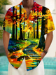 Alohadaddy® Casual Vintage Oil Painting Print Art Chest Pocket Men's Short Sleeve Shirt Big & Tall