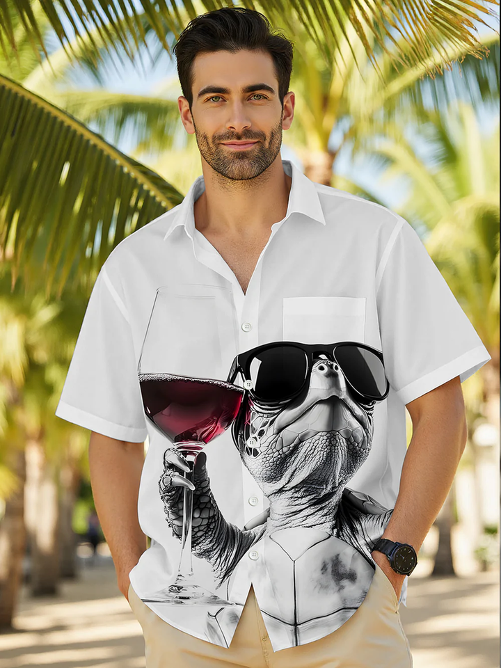 Alohadaddy® Casual Turtle Fun Wine Art Print Chest Pocket Men&