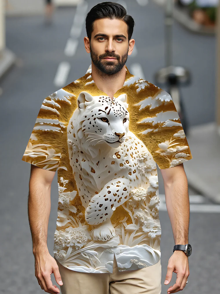 Alohadaddy® Casual 3D Sculpted Leopard Art Print Chest Pocket Men&