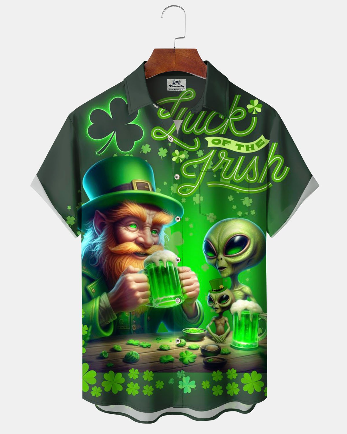 Alohadaddy® St. Parnassus Four-Leaf Clover Print Art Elastic Button Men's Short-Sleeve Shirt Big & Tall