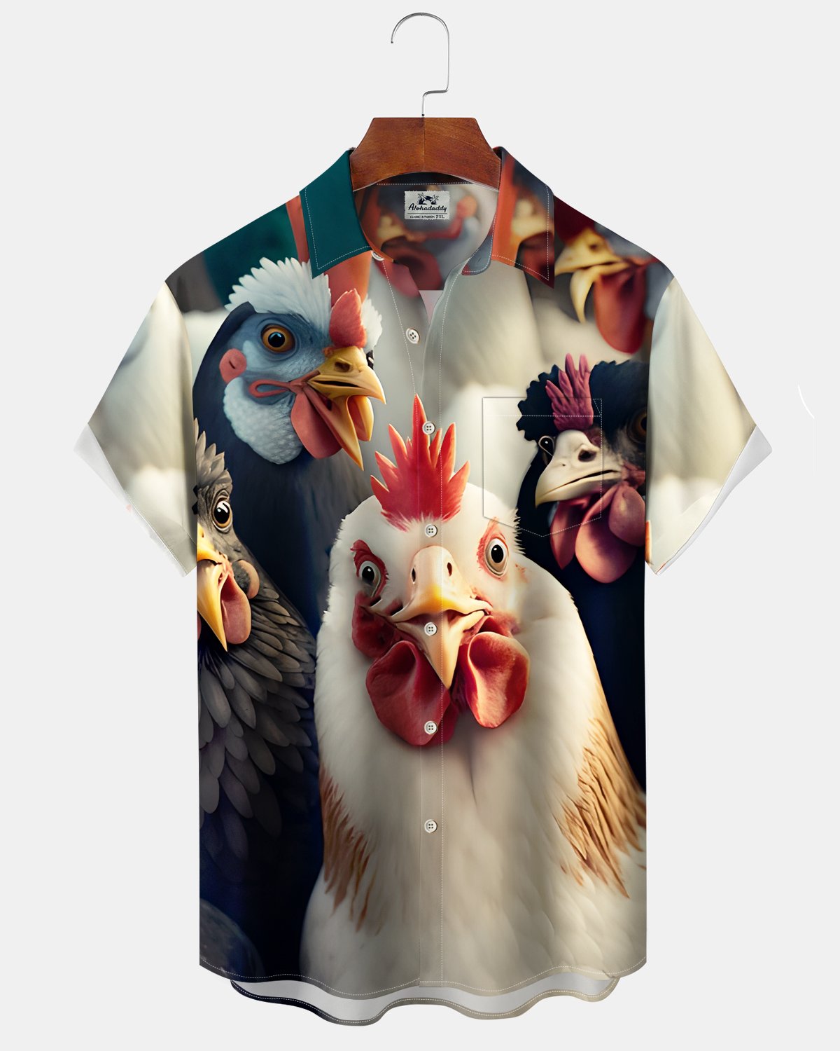 Alohadaddy® Casual Rooster Print Art Button Cardigan Pocket Men's Short Sleeve Shirt Big & Tall