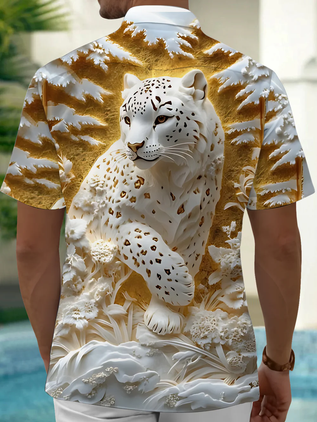 Alohadaddy® Casual 3D Sculpted Leopard Art Print Chest Pocket Men&