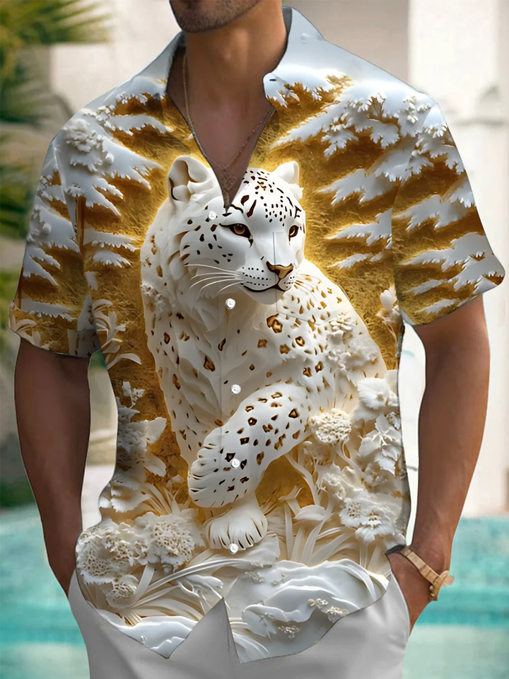 Alohadaddy® Casual 3D Sculpted Leopard Art Print Chest Pocket Men&