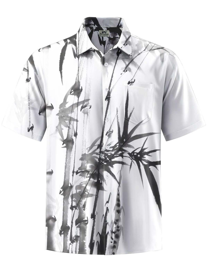 Alohadaddy® Casual Ink Painting Bamboo Print Art Chest Pocket Stretch Men&