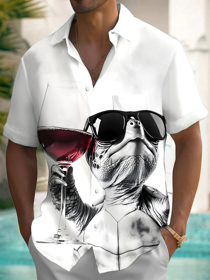 Alohadaddy® Casual Turtle Fun Wine Art Print Chest Pocket Men&