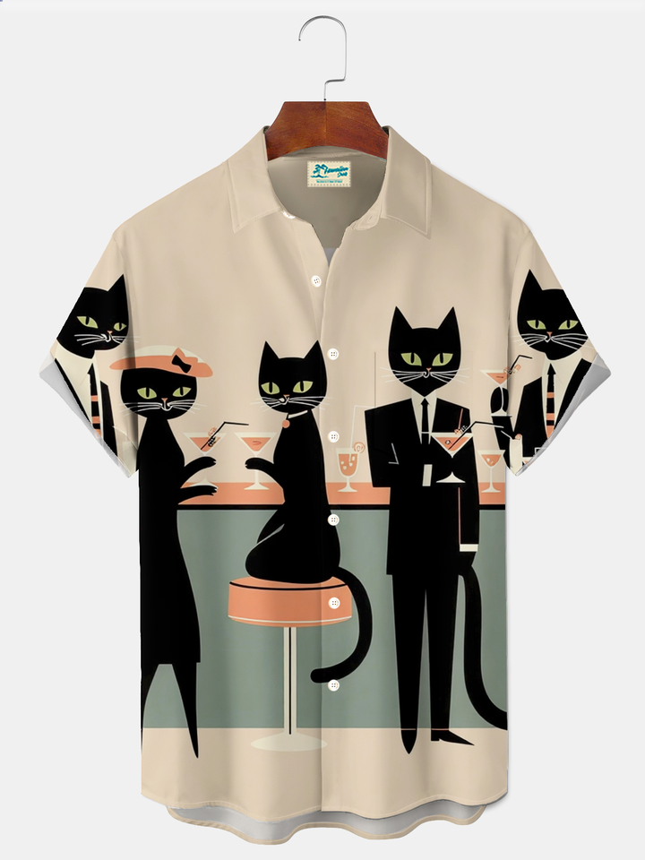 Alohadaddy® Retro 1950s Mid-century Atomic Age Geometric Cat Graphic Print Men&