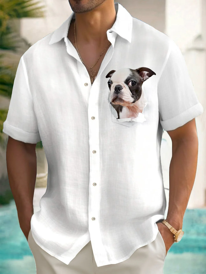 Alohadaddy® Casual Puppy Art Print Chest Pocket Men&