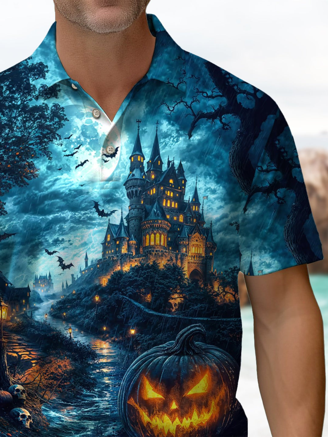 Alohadaddy® Halloween Castle Pumpkin Art Print Stretch Men&