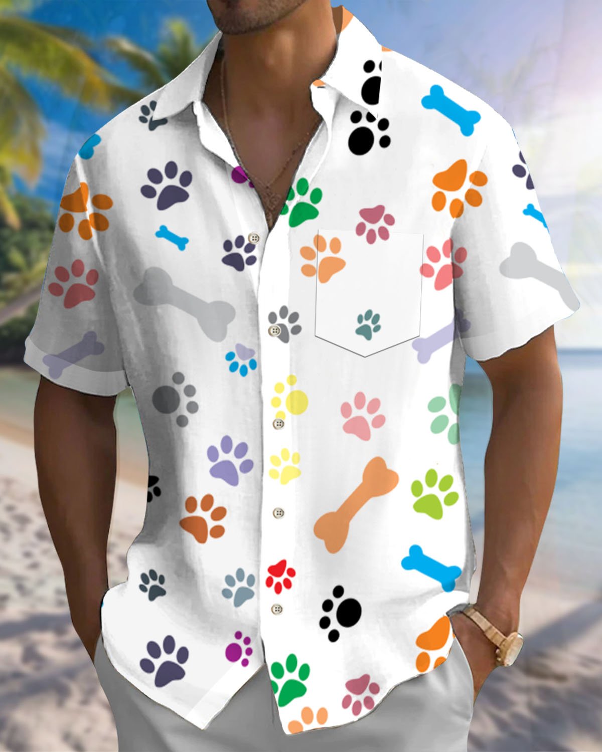 Alohadaddy® Hawaiian Cartoon Footprint Bone Print Art Button Stretch Pocket Men's Short-Sleeve Shirt Big & Tall