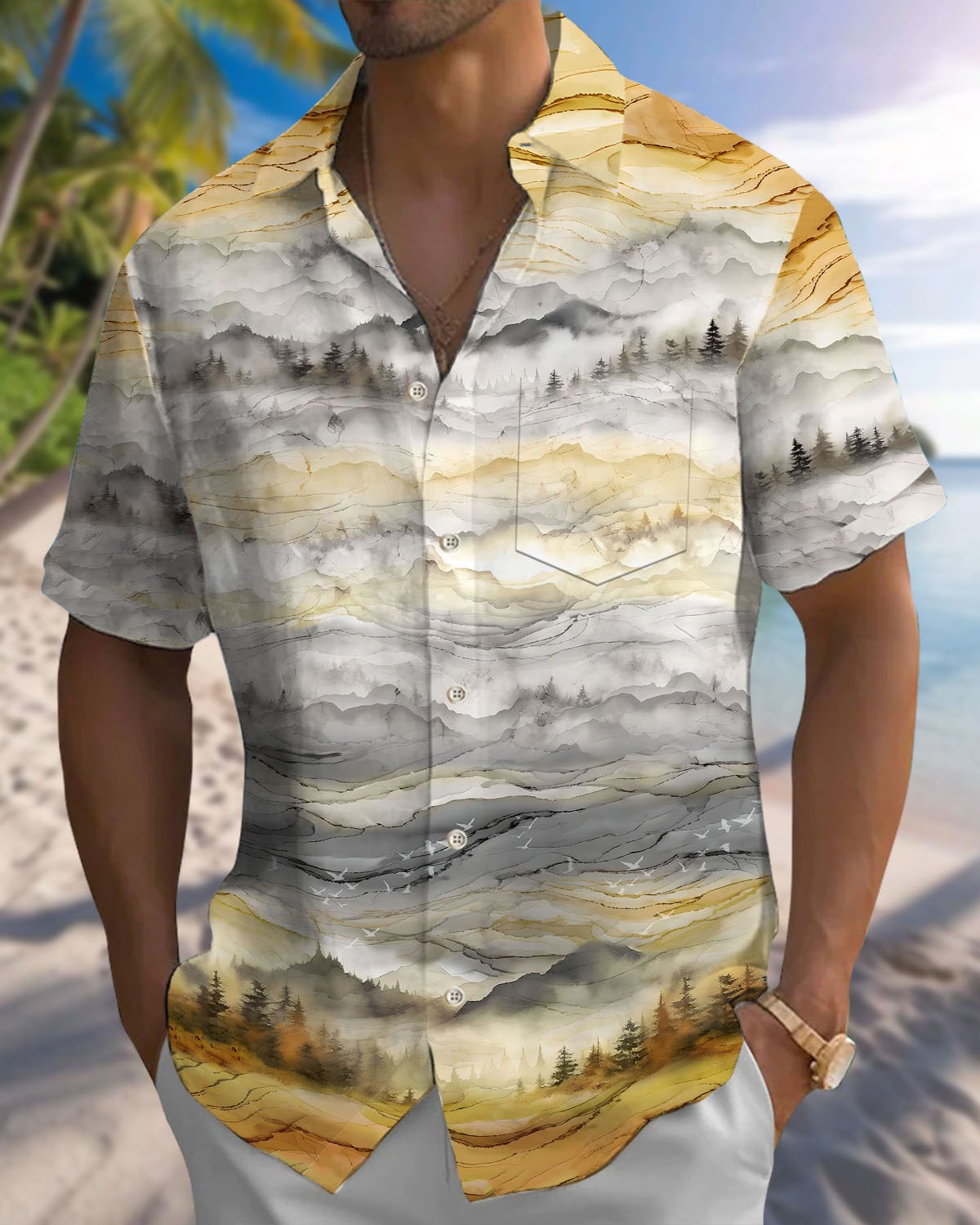 Alohadaddy® Vintage Mountain Print Art Button-Down Cardigan Men's Short-Sleeve Shirt Big & Tall