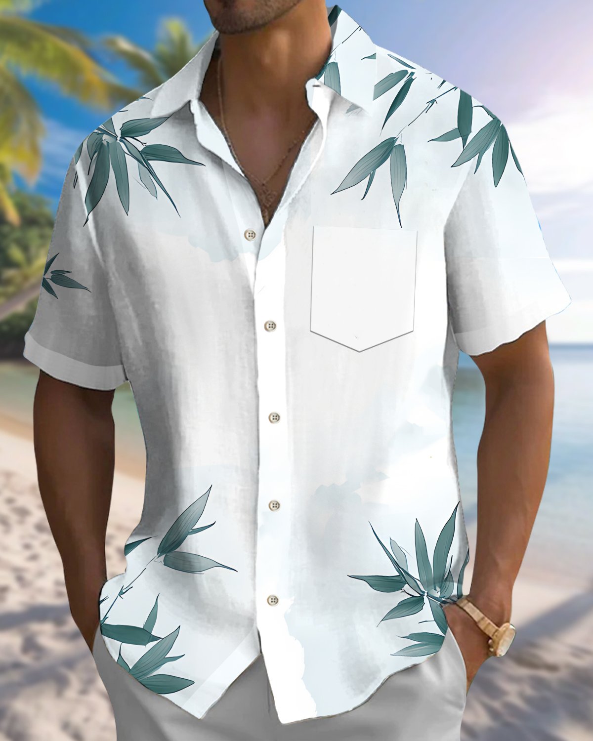 Alohadaddy® Casual Bamboo Print Artistic Button Pocket Cardigan Men's Short Sleeve Shirt Big & Tall