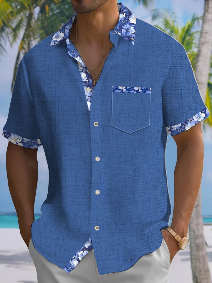 Alohadaddy® Casual Contrast Floral Print Chest Pocket Men&