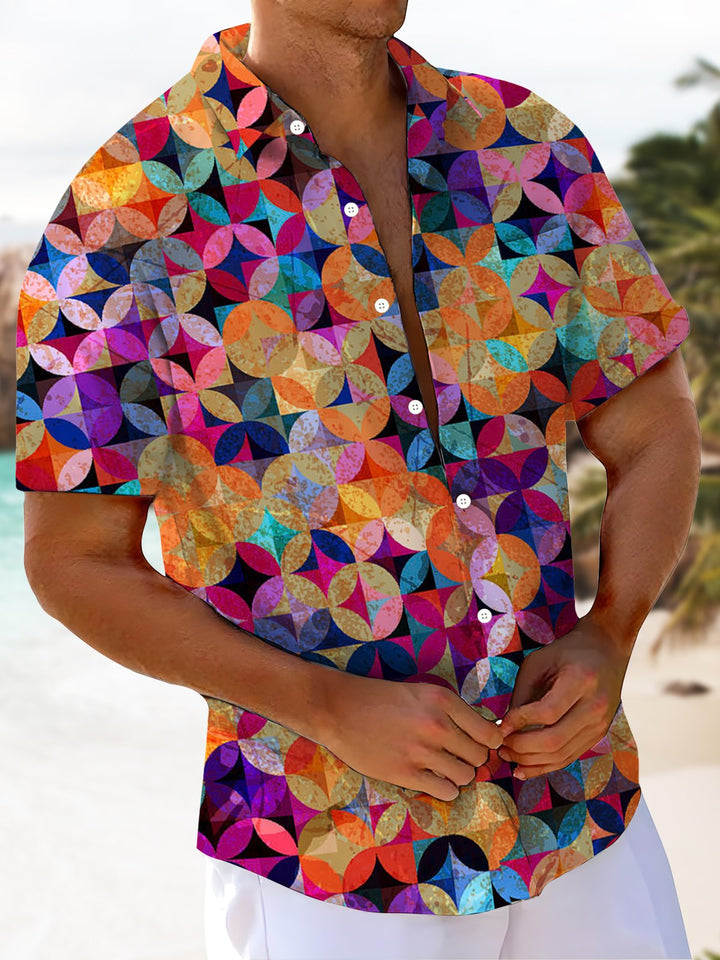 Alohadaddy® Casual Geometric Art Print Chest Pocket Men&