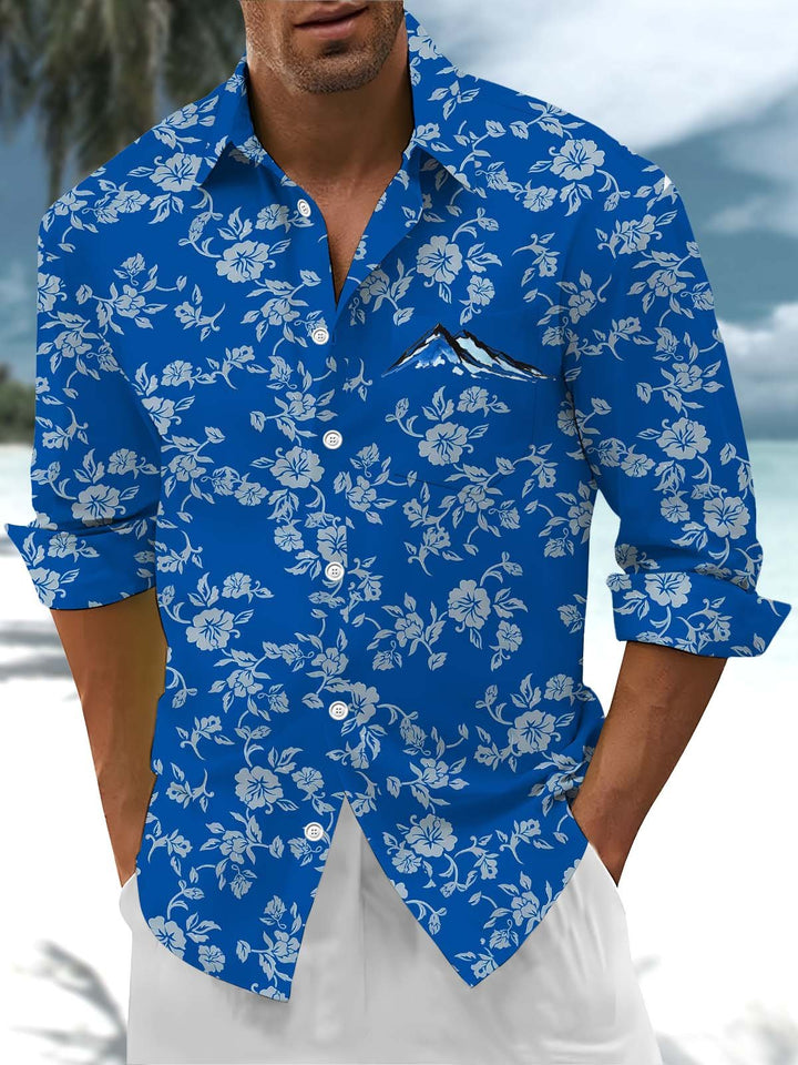 Alohadaddy® Hawaiian Flower Art Print Chest Pocket Stretch Men&