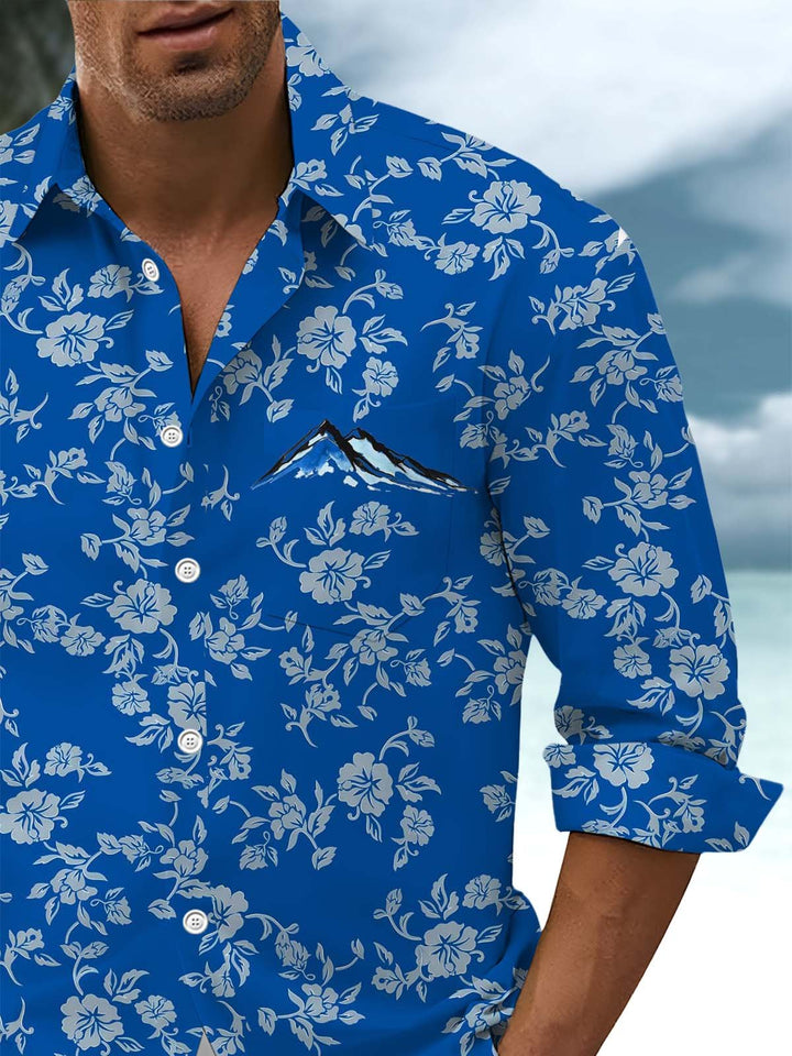 Alohadaddy® Hawaiian Flower Art Print Chest Pocket Stretch Men&