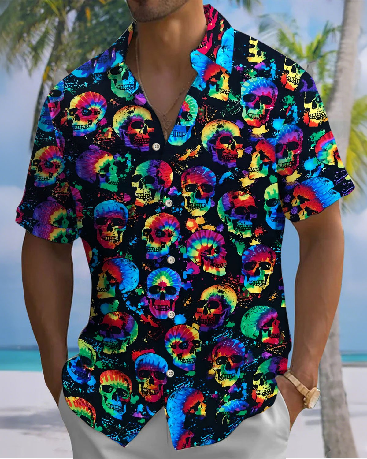 Alohadaddy® Retro Skull Print Art Button Cardigan Men's Short Sleeve Shirt Big & Tall