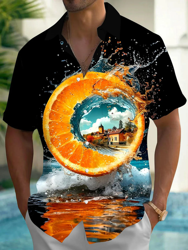 Alohadaddy® Hawaiian Lemon Art Print Chest Pocket Stretch Men&