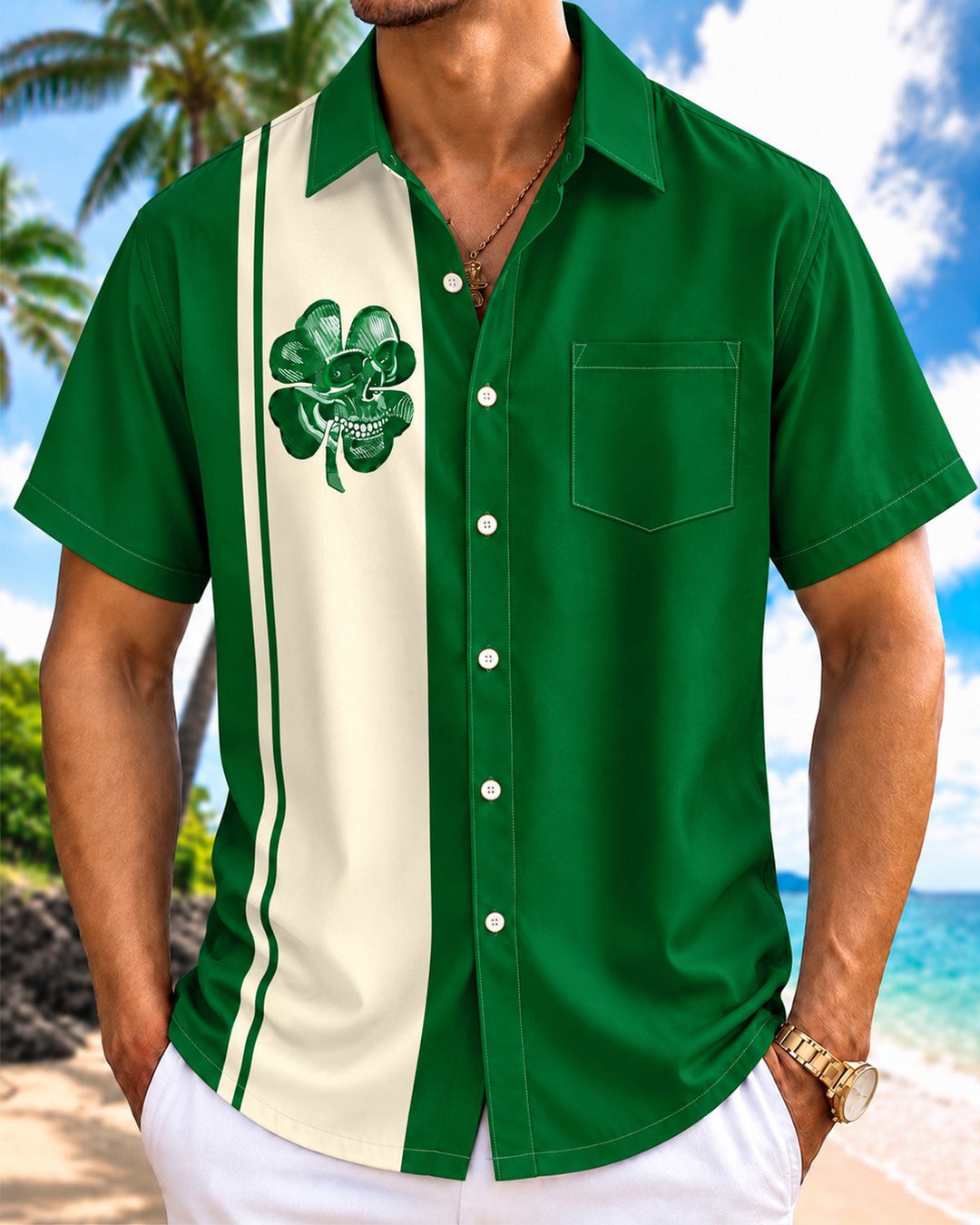 Alohadaddy® Retro Skull and Four-Leaf Clover Striped Bowling Ball Print Men&