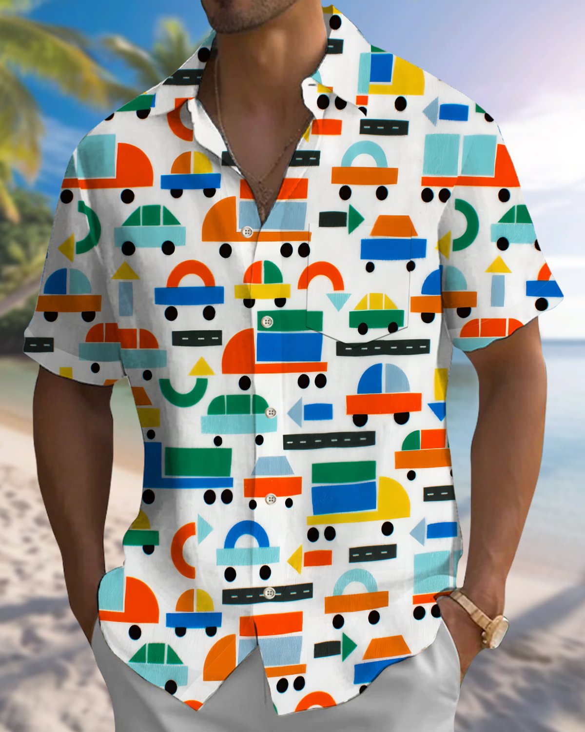 Alohadaddy® Casual Geometric Print Art Button Pocket Cardigan Men's Short Sleeve Shirt Big & Tall