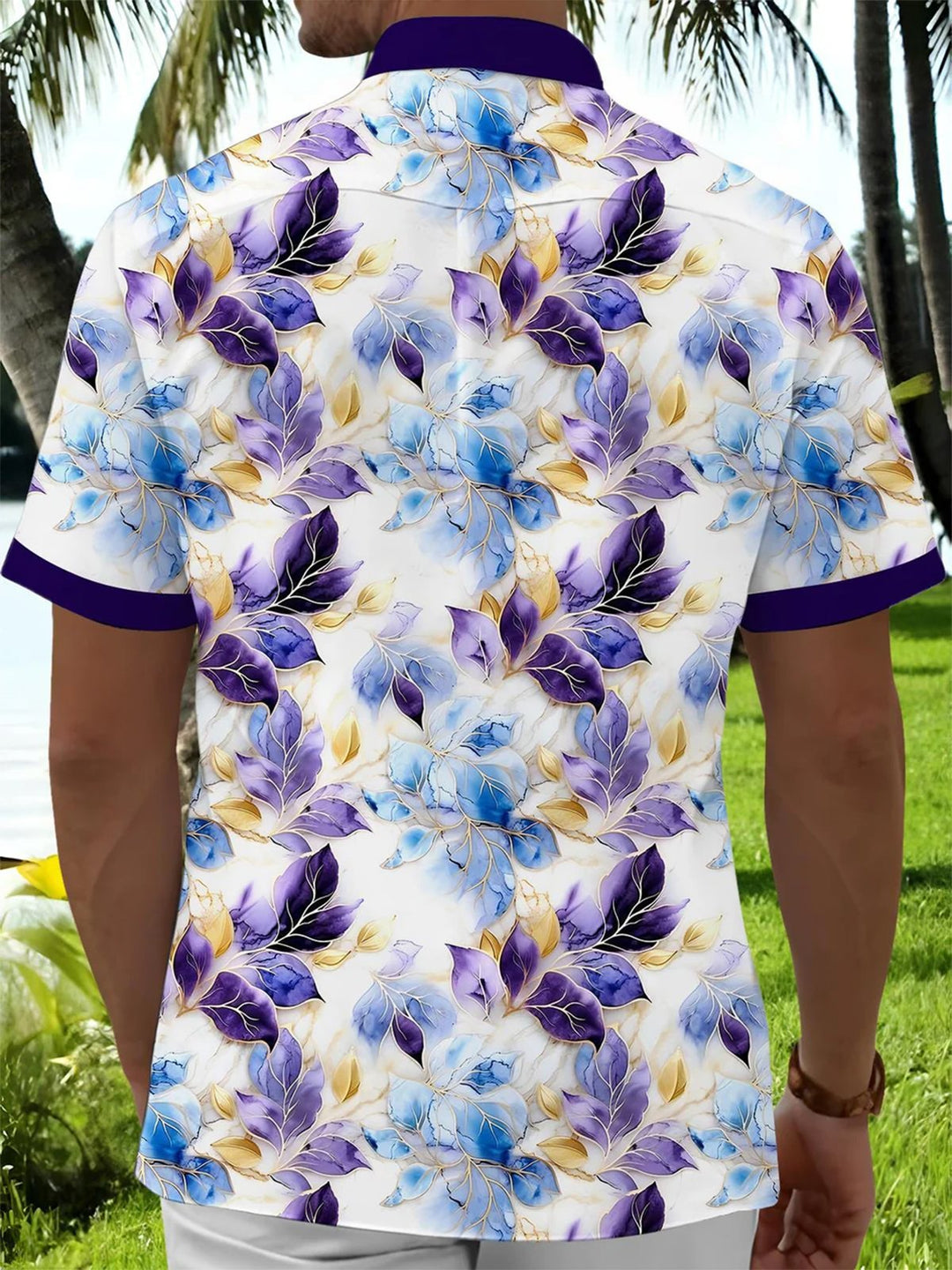 Alohadaddy® Hawaiian Leaves Contrast Art Print Chest Pocket Mens Short Sleeve Shirt Big &amp; Tall