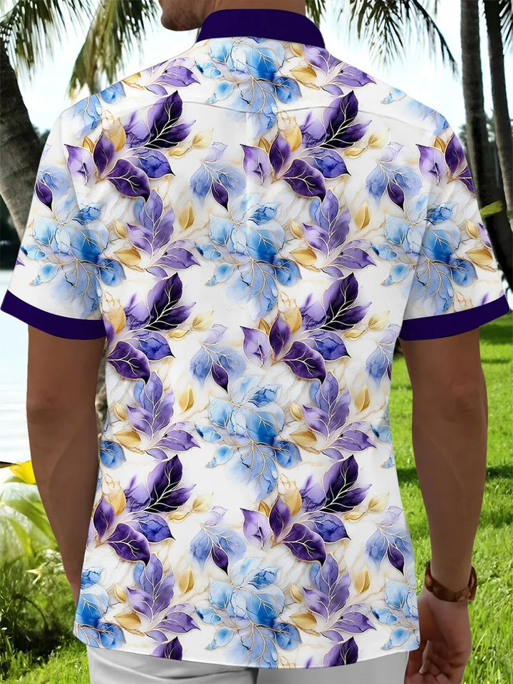 Alohadaddy® Hawaiian Leaves Contrast Art Print Chest Pocket Mens Short Sleeve Shirt Big &amp; Tall