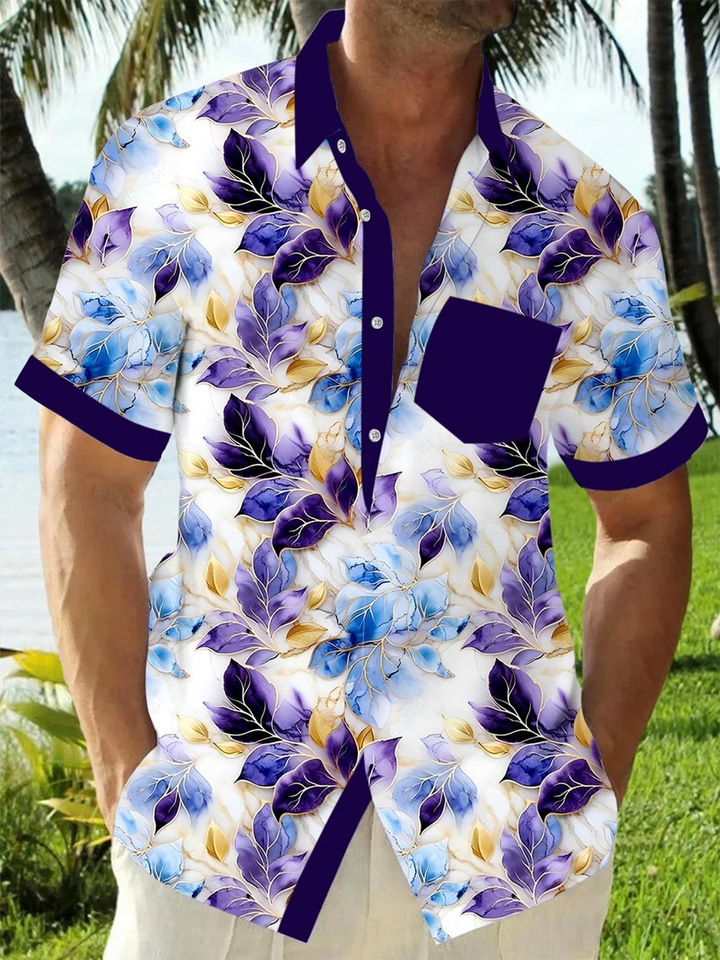 Alohadaddy® Hawaiian Leaves Contrast Art Print Chest Pocket Mens Short Sleeve Shirt Big &amp; Tall