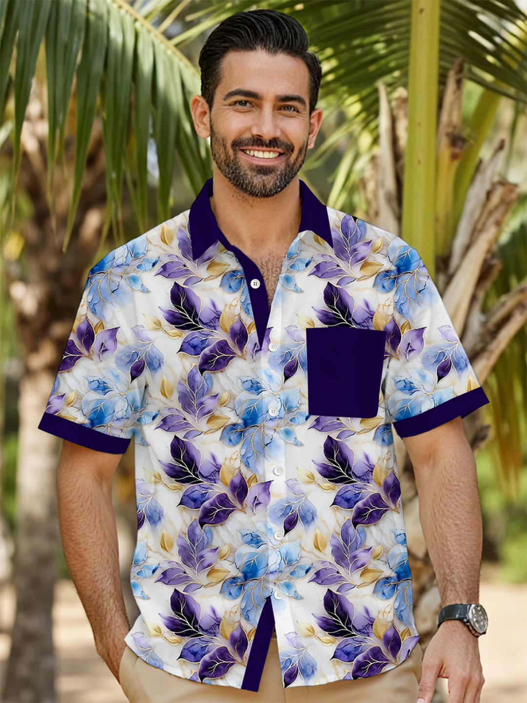 Alohadaddy® Hawaiian Leaves Contrast Art Print Chest Pocket Mens Short Sleeve Shirt Big &amp; Tall