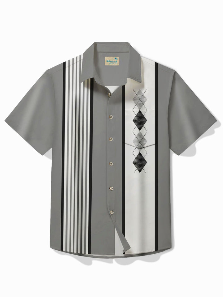 Camisa de manga corta con bolsillo abotonado y estampado geométrico de rayas estilo retro de bolos de Alohadaddy para hombre