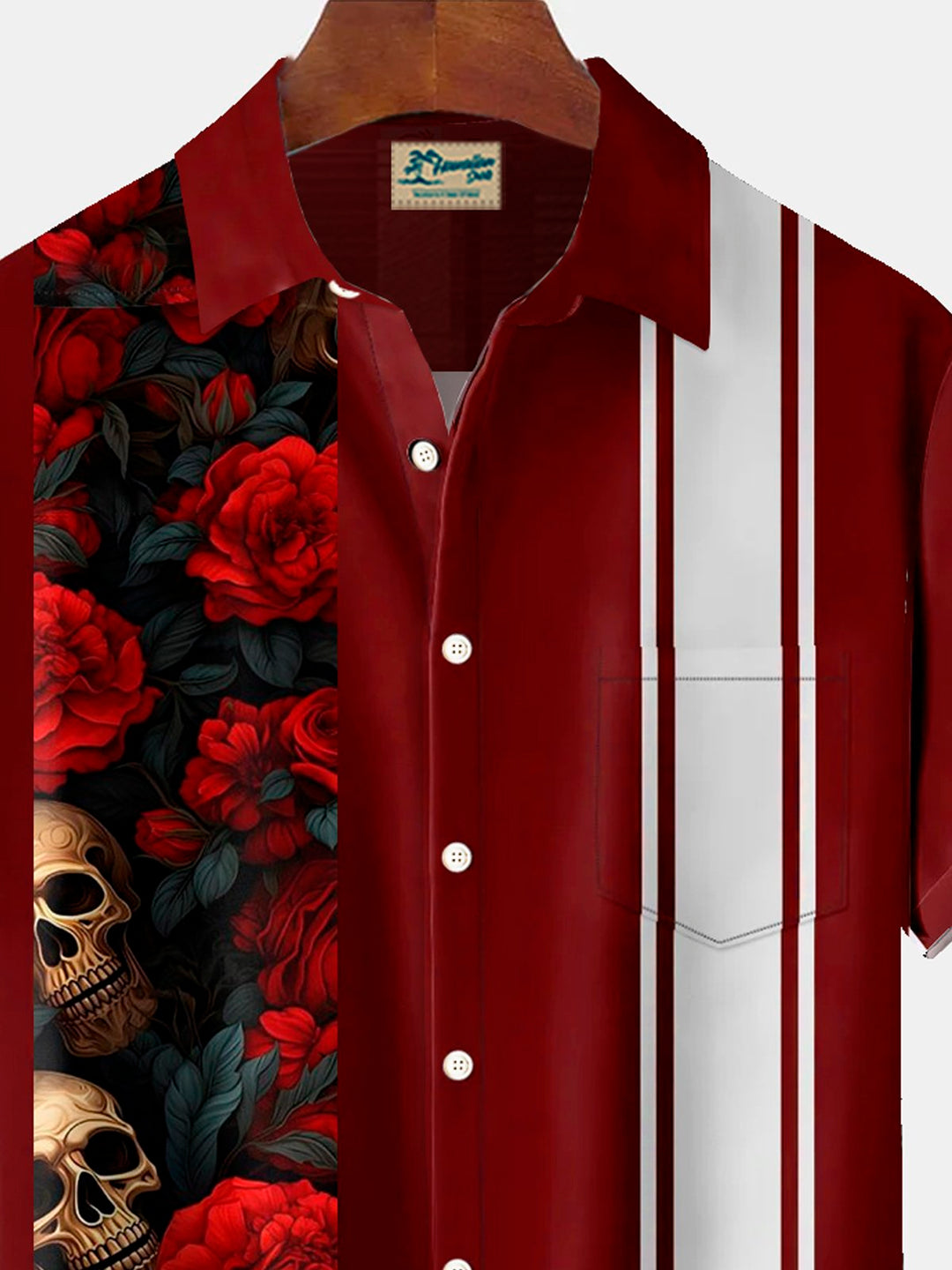 Camisa de manga corta con bolsillo abotonado y estampado 3D de calaveras y flores estilo retro de bolos de Alohadaddy para hombre, talla grande y alta