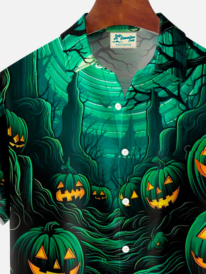 Camisa de manga corta con bolsillo y botones para hombre con estampado digital 3D de calabaza de Halloween de Alohadaddy, talla grande y alta