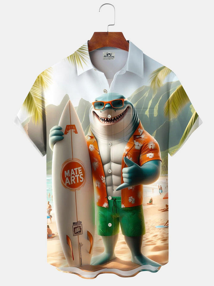 Alohadaddy Hawaii Vacation Shark Print Art Pocket Button Short Sleeve Stretch Plus Size Men&