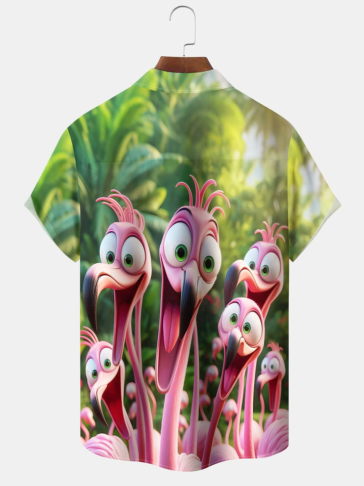 Alohadaddy Hawaii Resort Style Graffiti Flamingo Print Art Buttons Stretch Large Size Men&