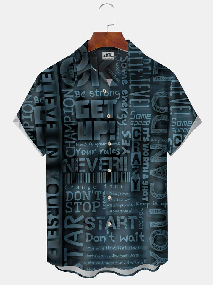 Alohadaddy Casual Vintage Series Letters Print Art Pockets Buttons Elastic Oversized Shirt
