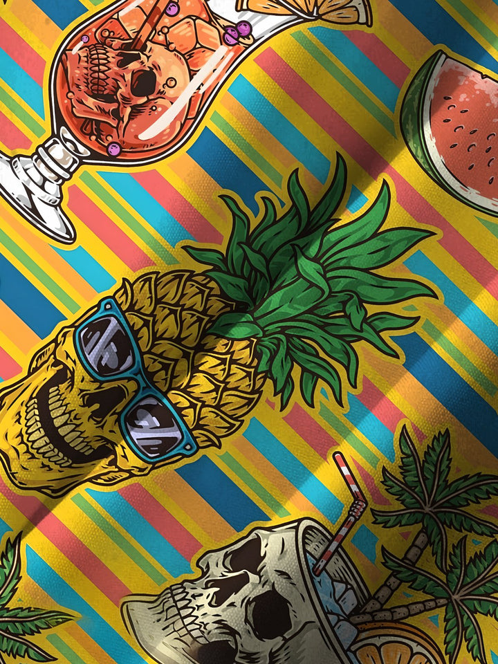 Alohadaddy Hawaiian Casual Pineapple Skull Stripes Print Art Buttons Cardigan Pockets Stretch Polyester Long Oversized Short Sleeve Shirt