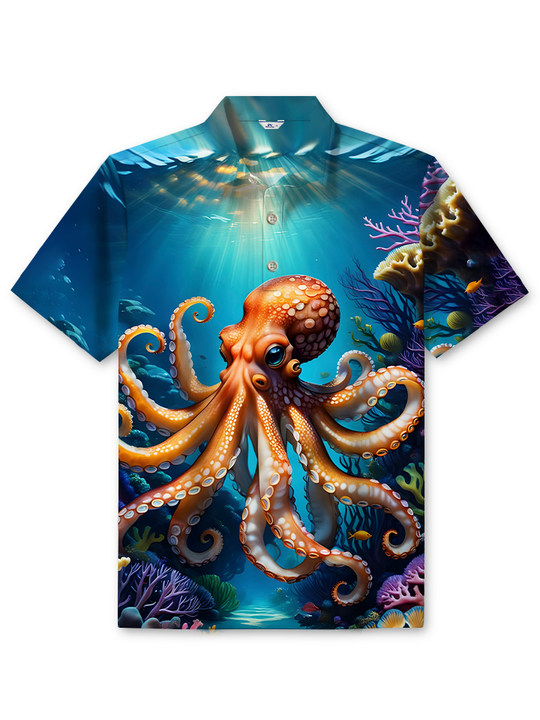 Alohadaddy Casual Daily Hawaii Ocean Octopus Print Art Stretch Large Size Button Short Sleeve POLO Shirt