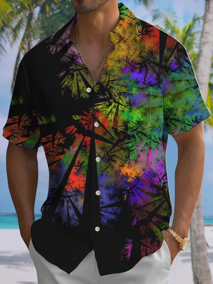 Alohadaddy Hawaiian Abstract Tropical Leaves Art Print Chest Pocket Stretch Short Sleeve Shirt