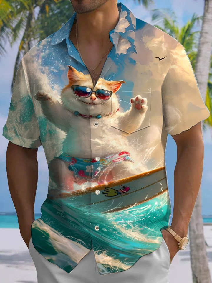 Alohadaddy Casual Surf Cat Art Print Moisture Wicking Chest Pocket Hawaiian Short Sleeve Shirt