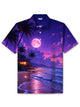 Alohadaddy® Hawaiian Night Beach Print Button Oversized Short Sleeve Polo Shirt
