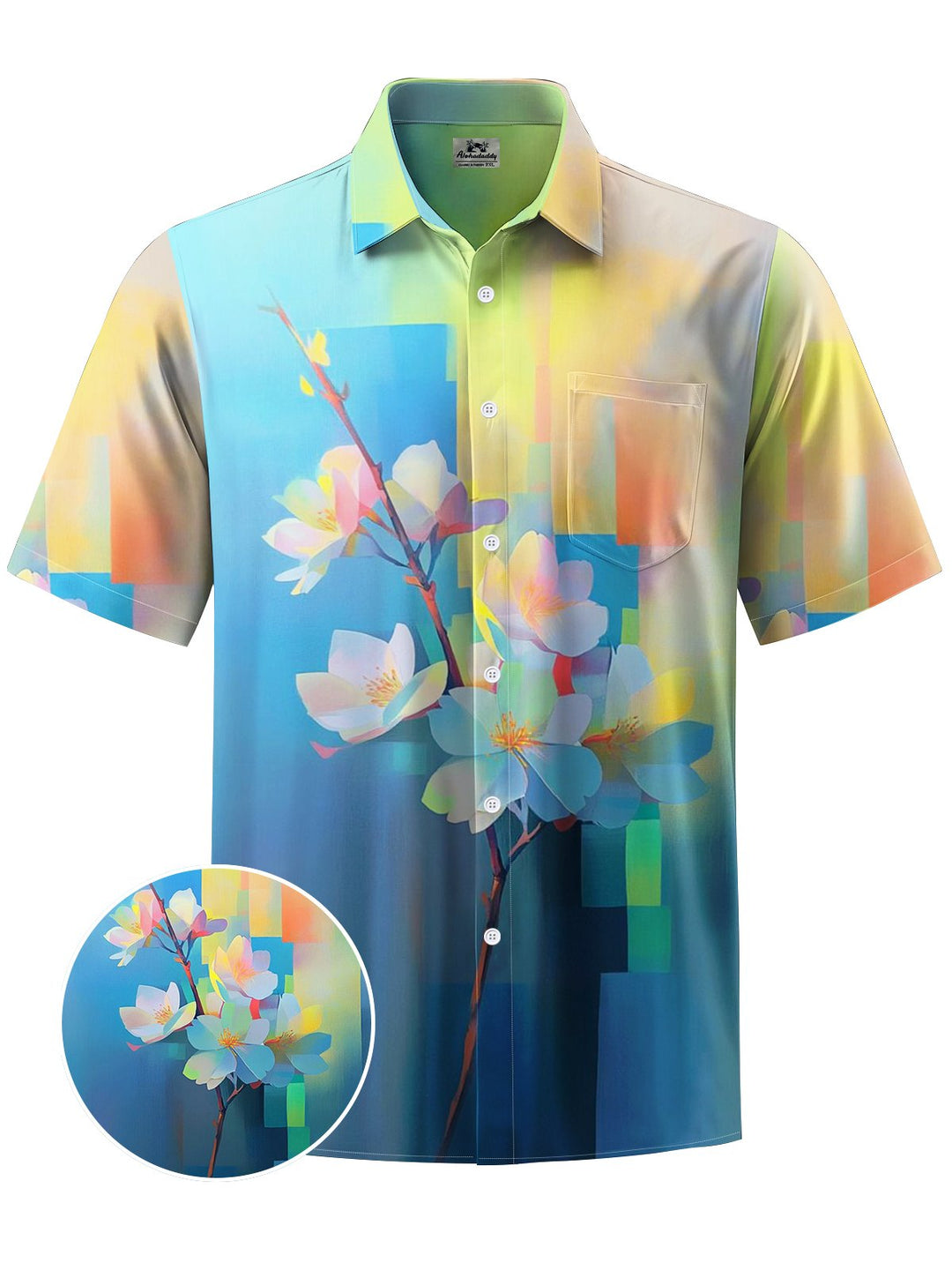 Alohadaddy® Vintage Flowers Art Print Chest Pocket Moisture Wicking Men&