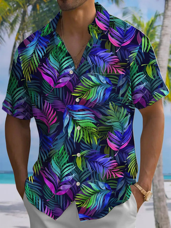 Alohadaddy® Casual Palm Leaf Art Print Chest Pocket Men&