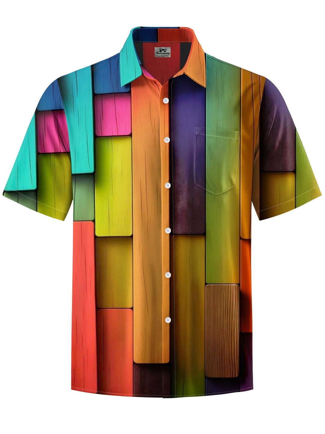 Alohadaddy® Retro Geometric Woodgrain Print Art Chest Pocket Men&