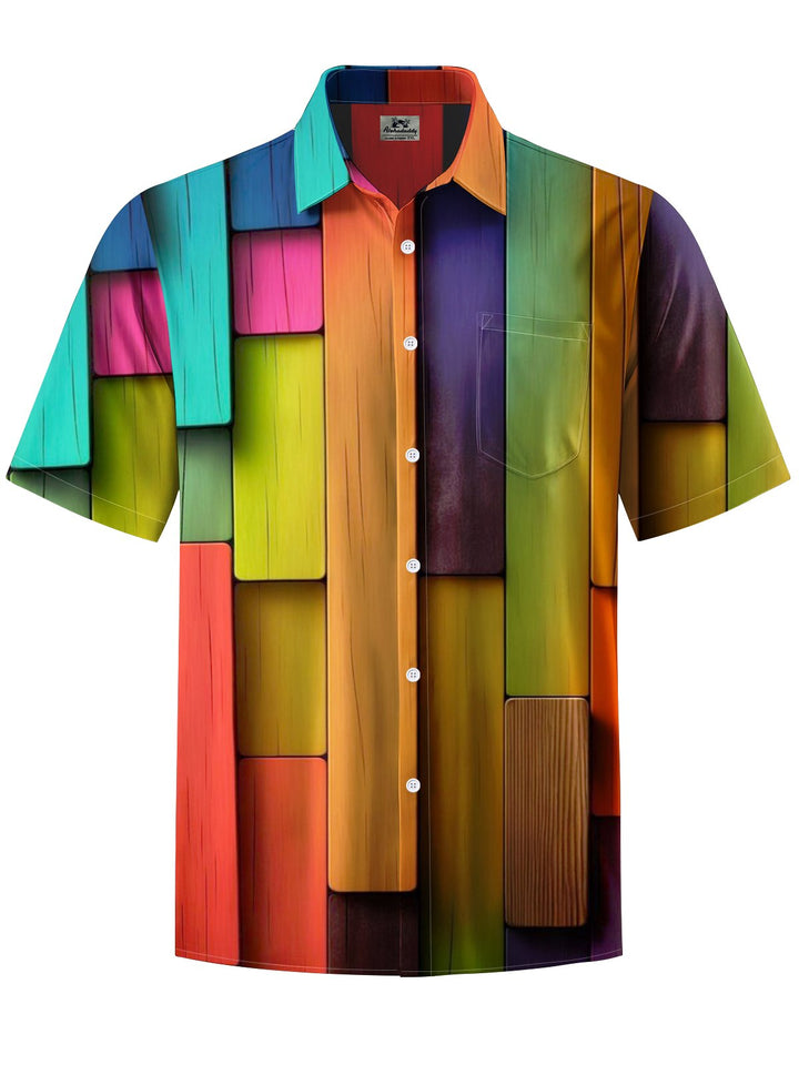 Alohadaddy® Retro Geometric Woodgrain Print Art Chest Pocket Men&