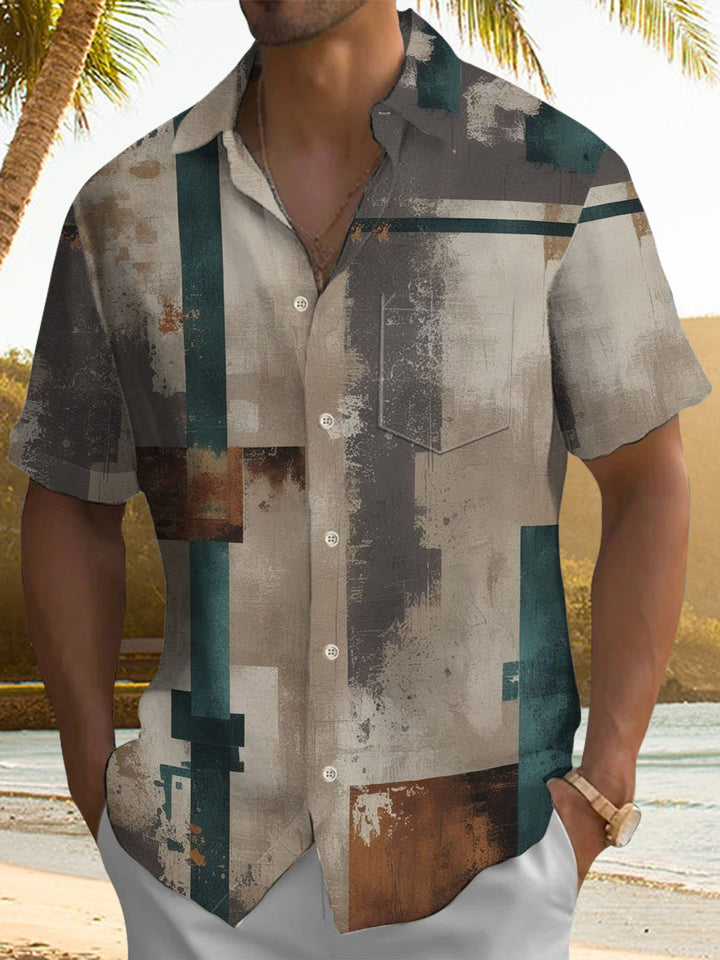 Alohadaddy® Vintage Geometric Art Print Chest Pocket Mens Wicking Short Sleeve Shirt Big &amp; Tall