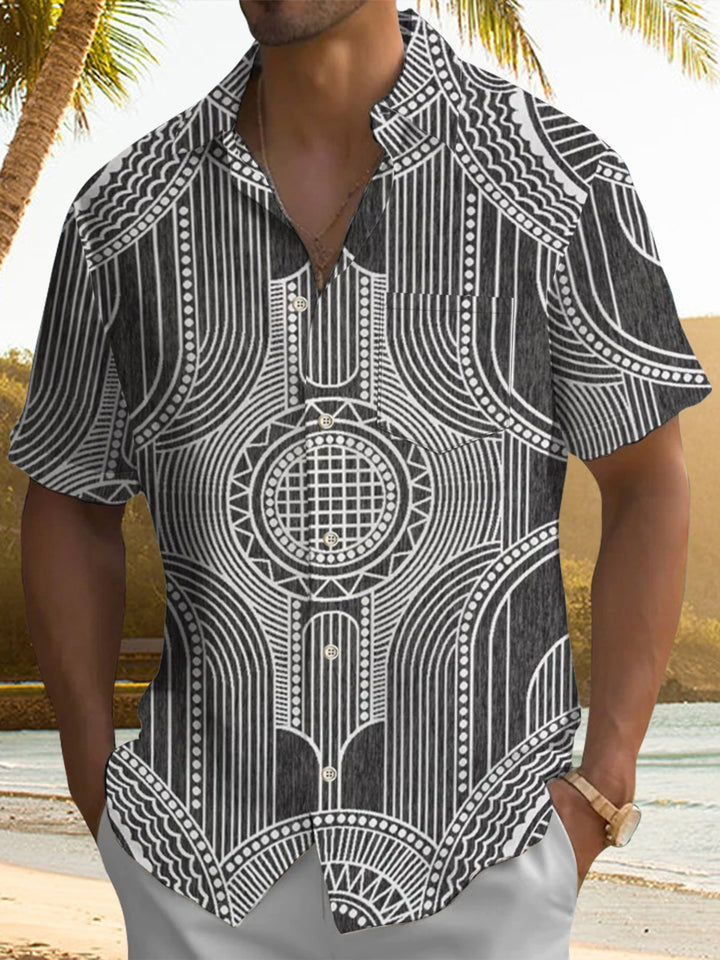 Alohadaddy® Casual Stripe Art Print Chest Pocket Men&