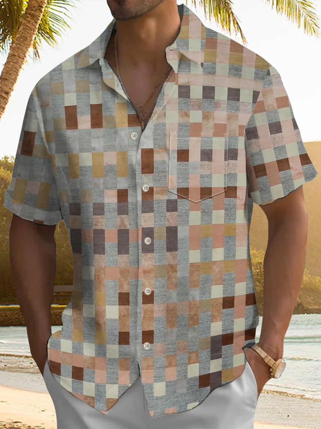Alohadaddy® Vintage Geometric Plaid Art Print Chest Pocket Men&
