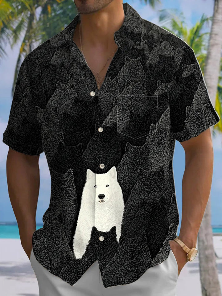 Alohadaddy® Vintage Casual Wolf Art Print Chest Pocket Men&
